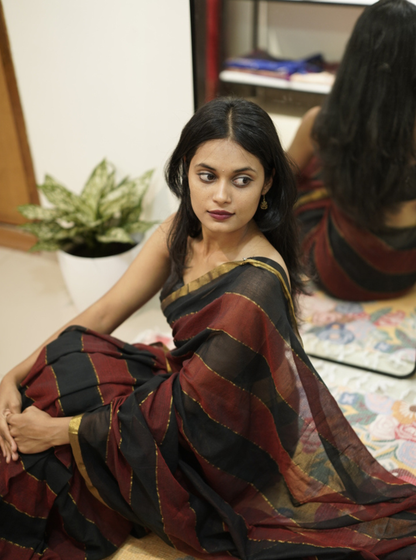 Black & Maroon Striped Mul Cotton Saree with Subtle Gold Border