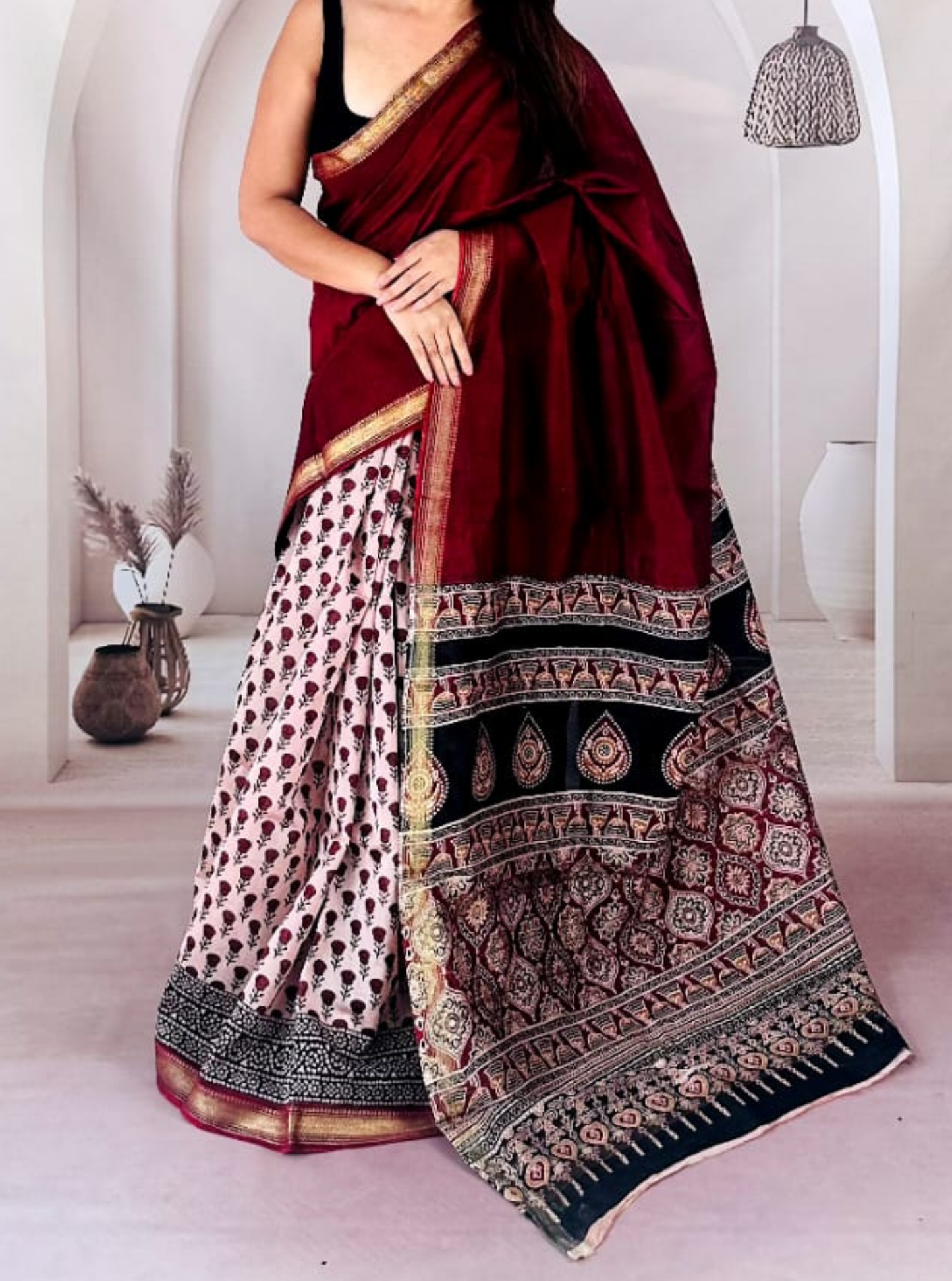 Maroon & Ivory Maheshwari Silk Saree with Traditional Printed Pallu