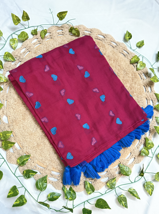 Ruby Pink Mul Cotton Saree with Blue Heart Motifs & Tassels