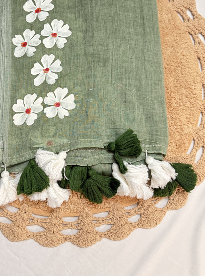Sage Green Mul Cotton Saree with Handpainted Floral Trail & Tassels