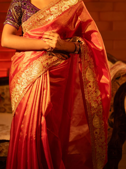 Royal Red Tissue Silk Saree with Rich Gold Zari Border