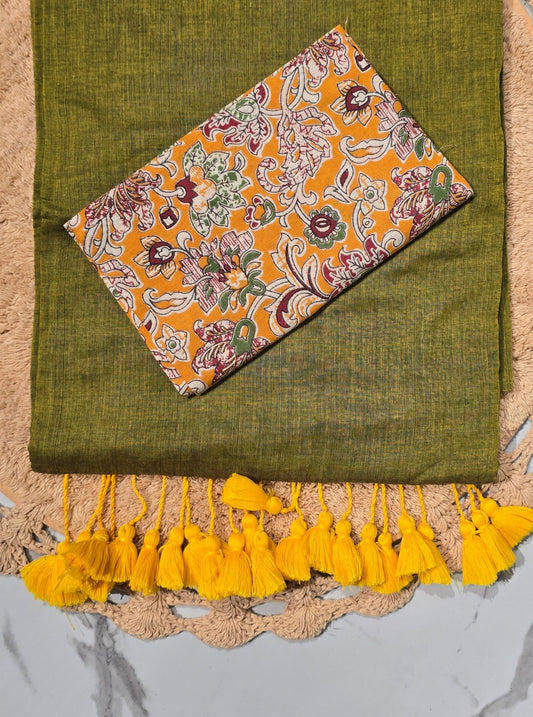 Olive Green Mul Cotton Saree with Yellow Tasselled Pallu & Floral Printed Blouse