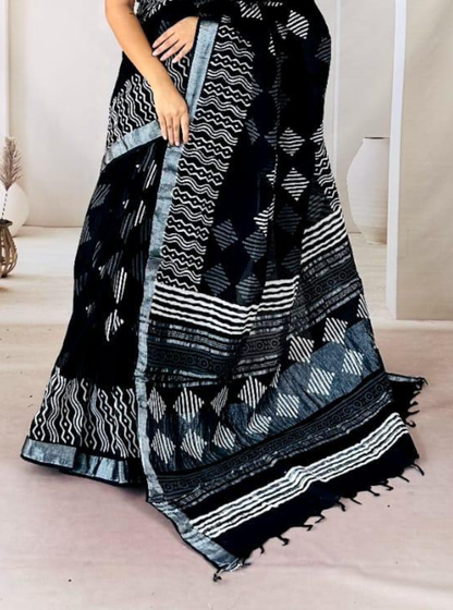 Classic Black Hand-Printed Linen Cotton Saree with Geometric & Wave Motifs