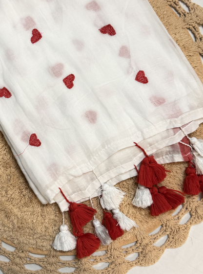 Off-White Mul Cotton Saree with Red Heart Motifs & Tassels