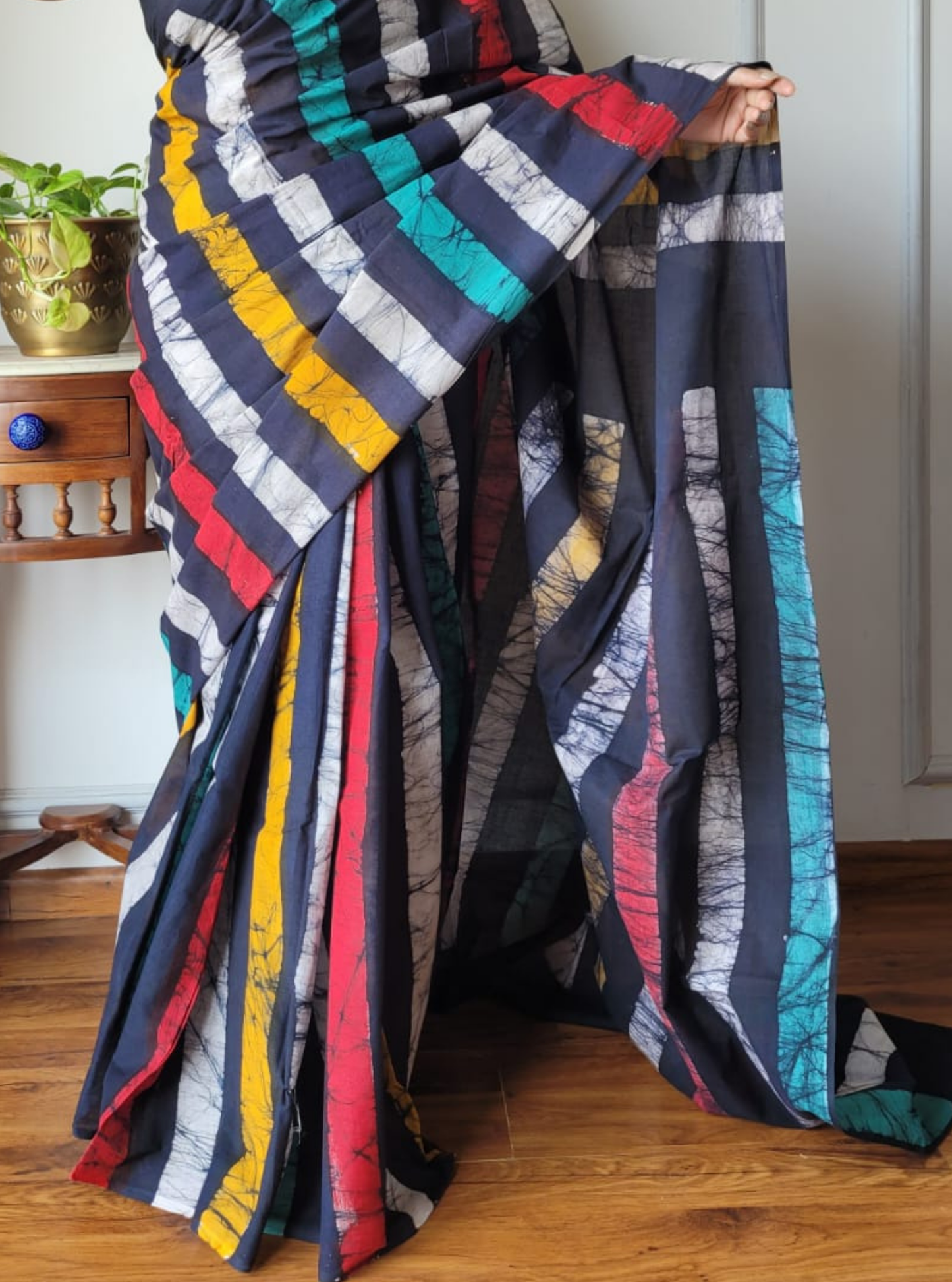 Multicolor Striped Bagru Print Cotton Saree with Contemporary Blocks