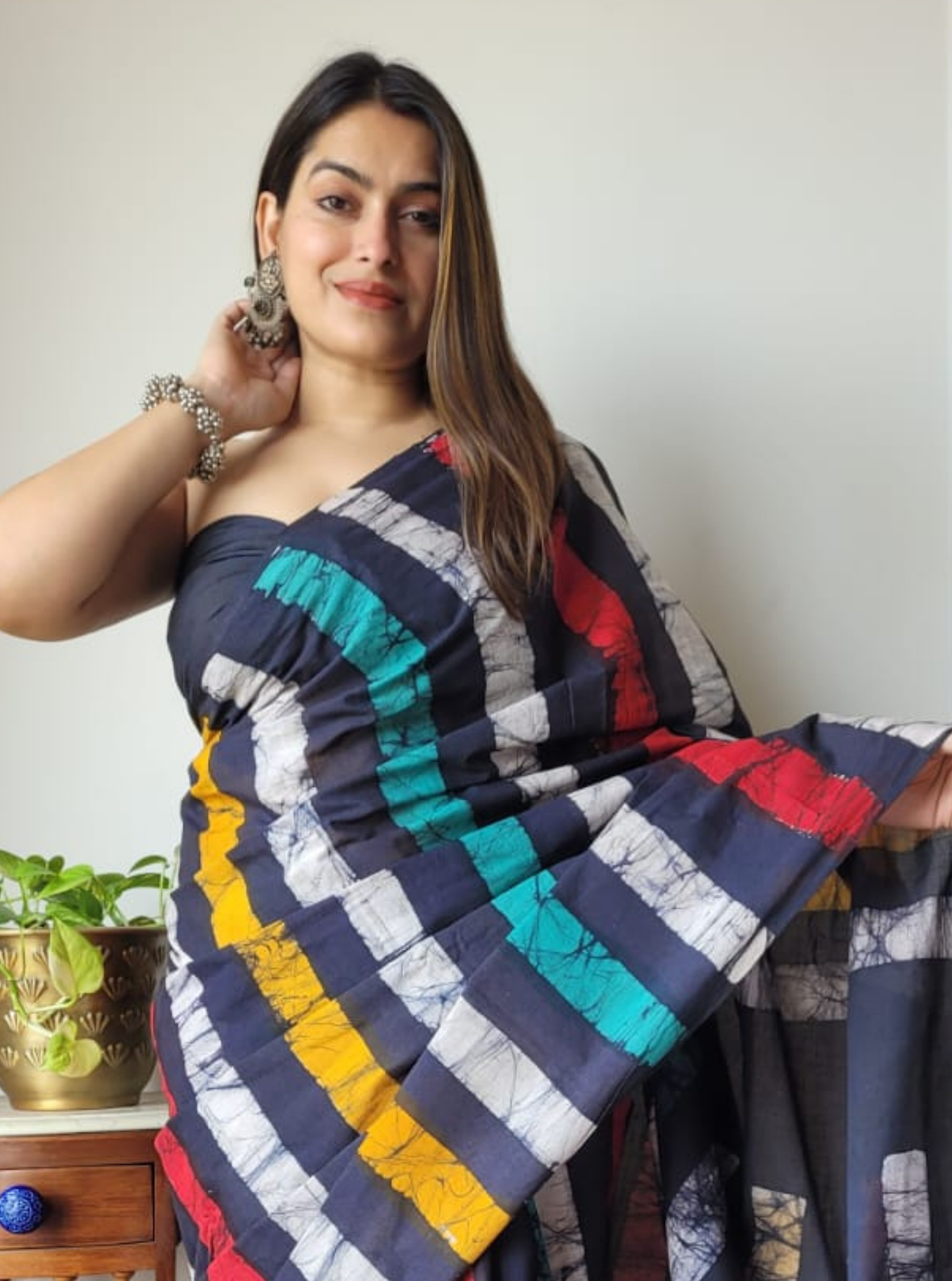 Multicolor Striped Bagru Print Cotton Saree with Contemporary Blocks