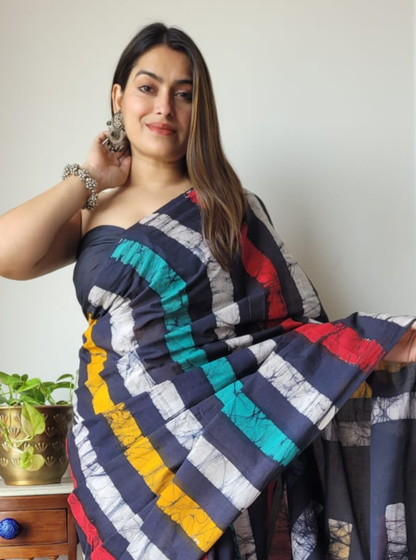 Multicolor Striped Bagru Print Cotton Saree with Contemporary Blocks