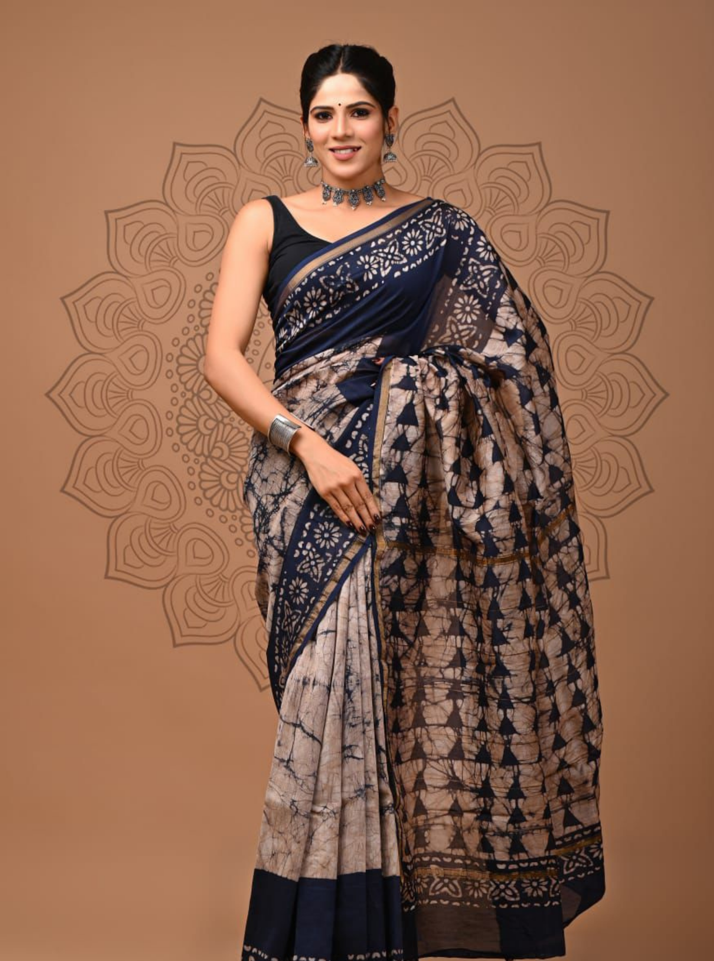 Indigo & Beige Chanderi Silk Ajrakh Saree with Shibori-Inspired Patterns