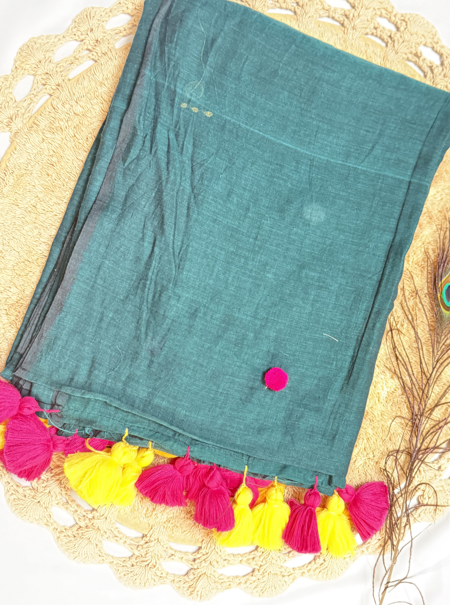 Teal Mul Cotton Saree with Pink & Yellow Tassels