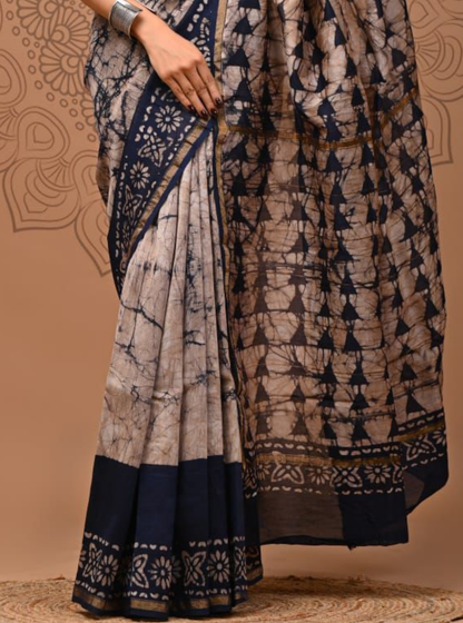 Indigo & Beige Chanderi Silk Ajrakh Saree with Shibori-Inspired Patterns