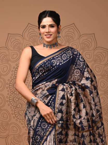 Indigo & Beige Chanderi Silk Ajrakh Saree with Shibori-Inspired Patterns