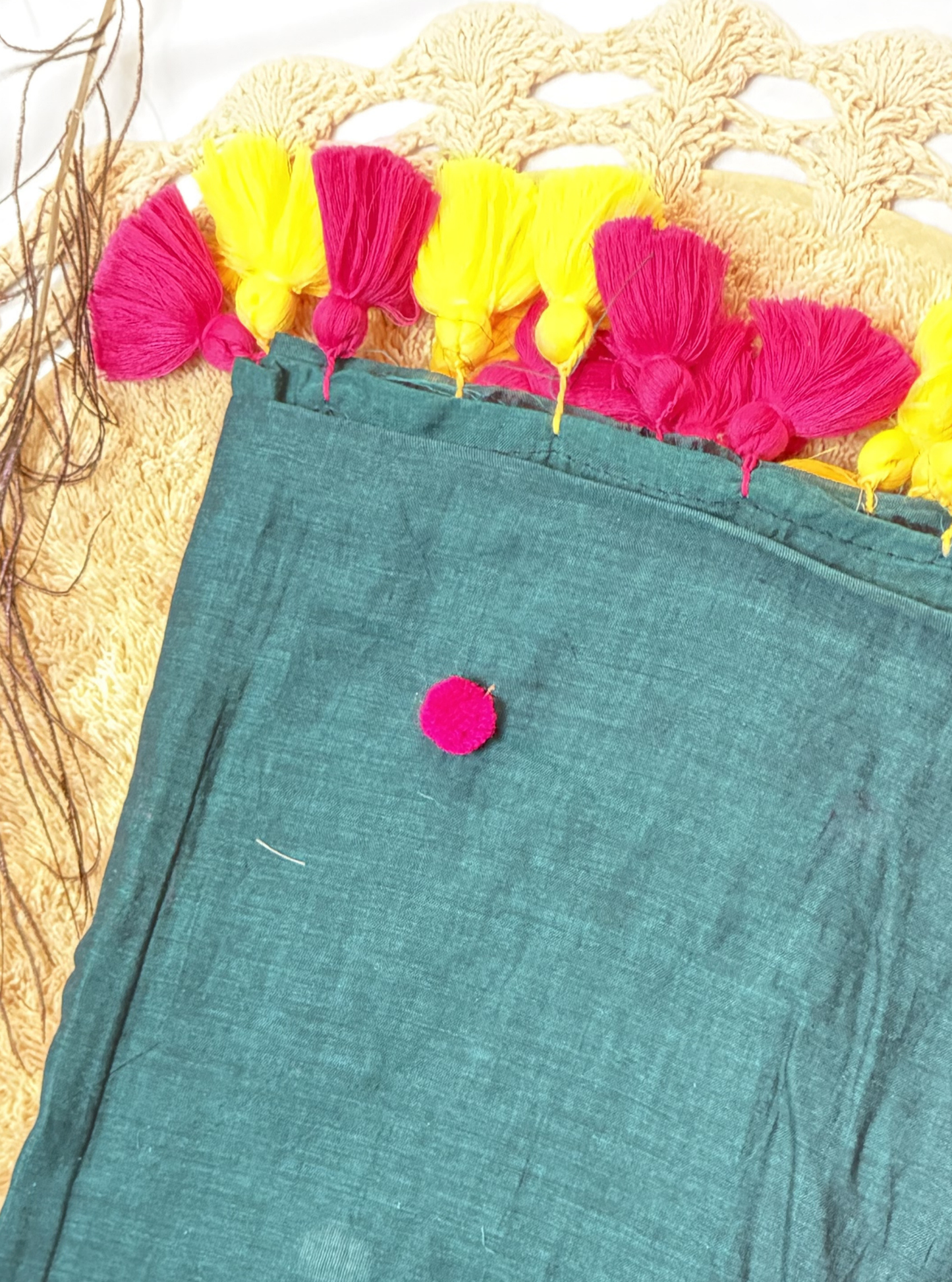 Teal Mul Cotton Saree with Pink & Yellow Tassels