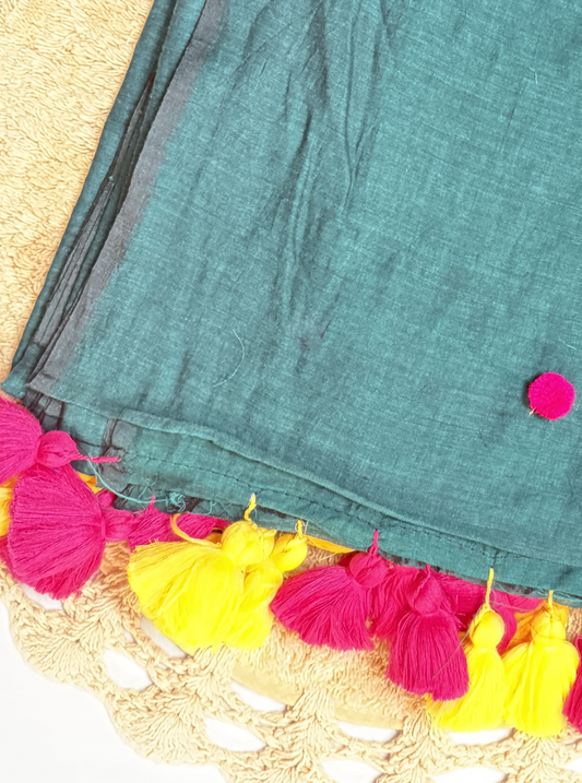 Teal Mul Cotton Saree with Pink & Yellow Tassels
