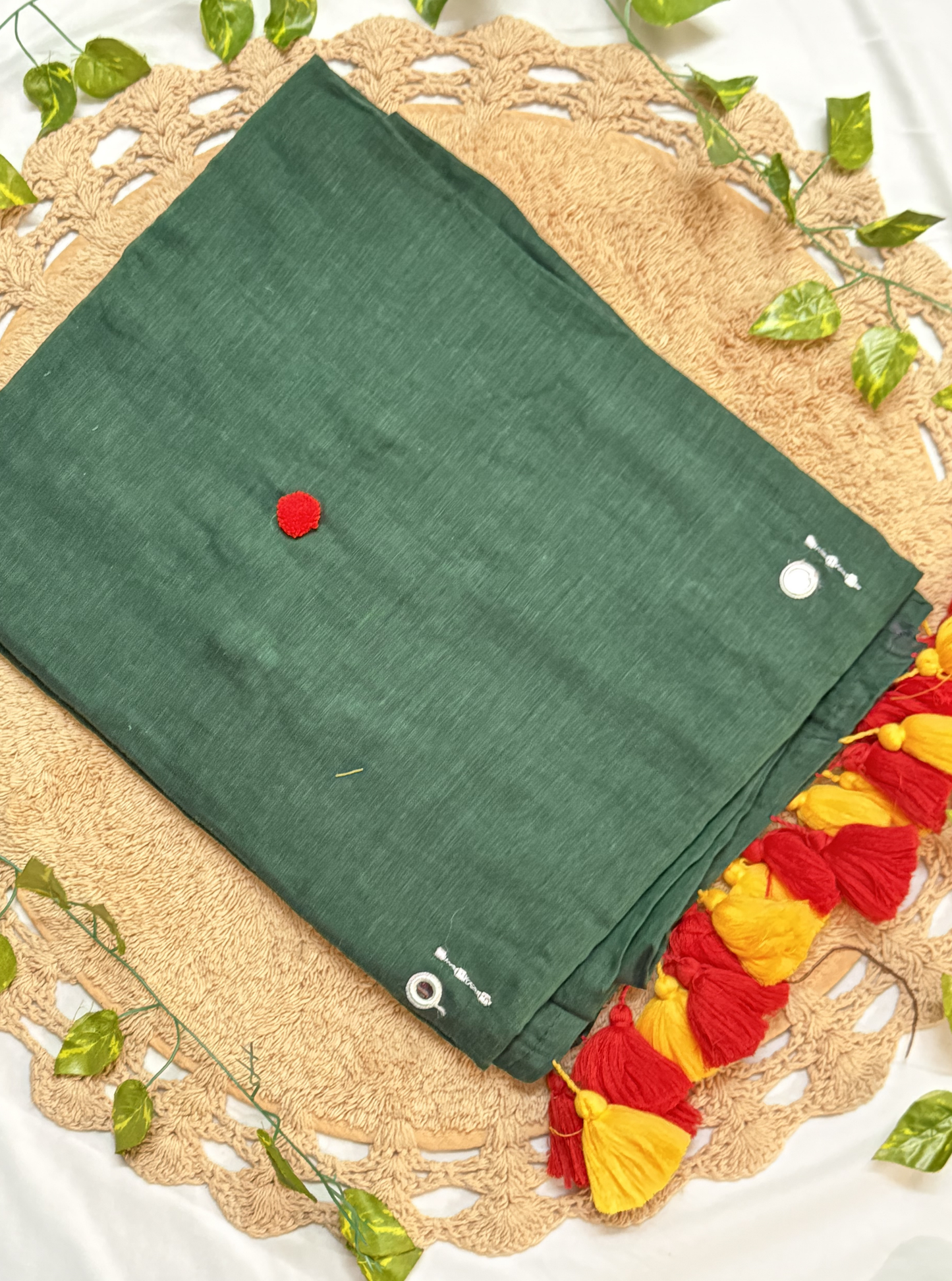 Forest Green Mul Cotton Saree with Contrast Red & Yellow Tassels
