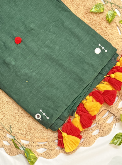 Forest Green Mul Cotton Saree with Contrast Red & Yellow Tassels
