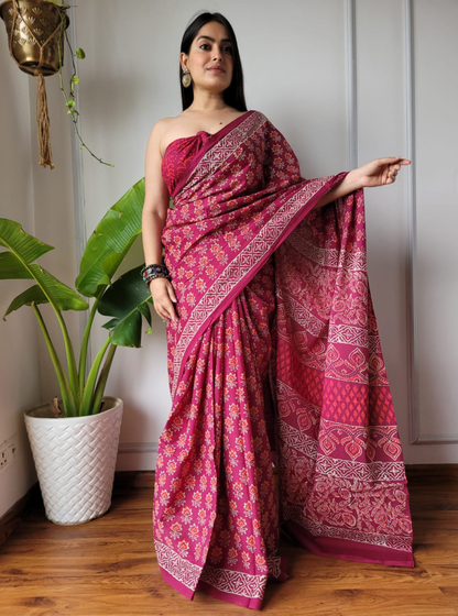 Raspberry Pink Bagru Print Cotton Saree with Intricate Ethnic Pallu