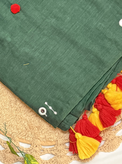 Forest Green Mul Cotton Saree with Contrast Red & Yellow Tassels