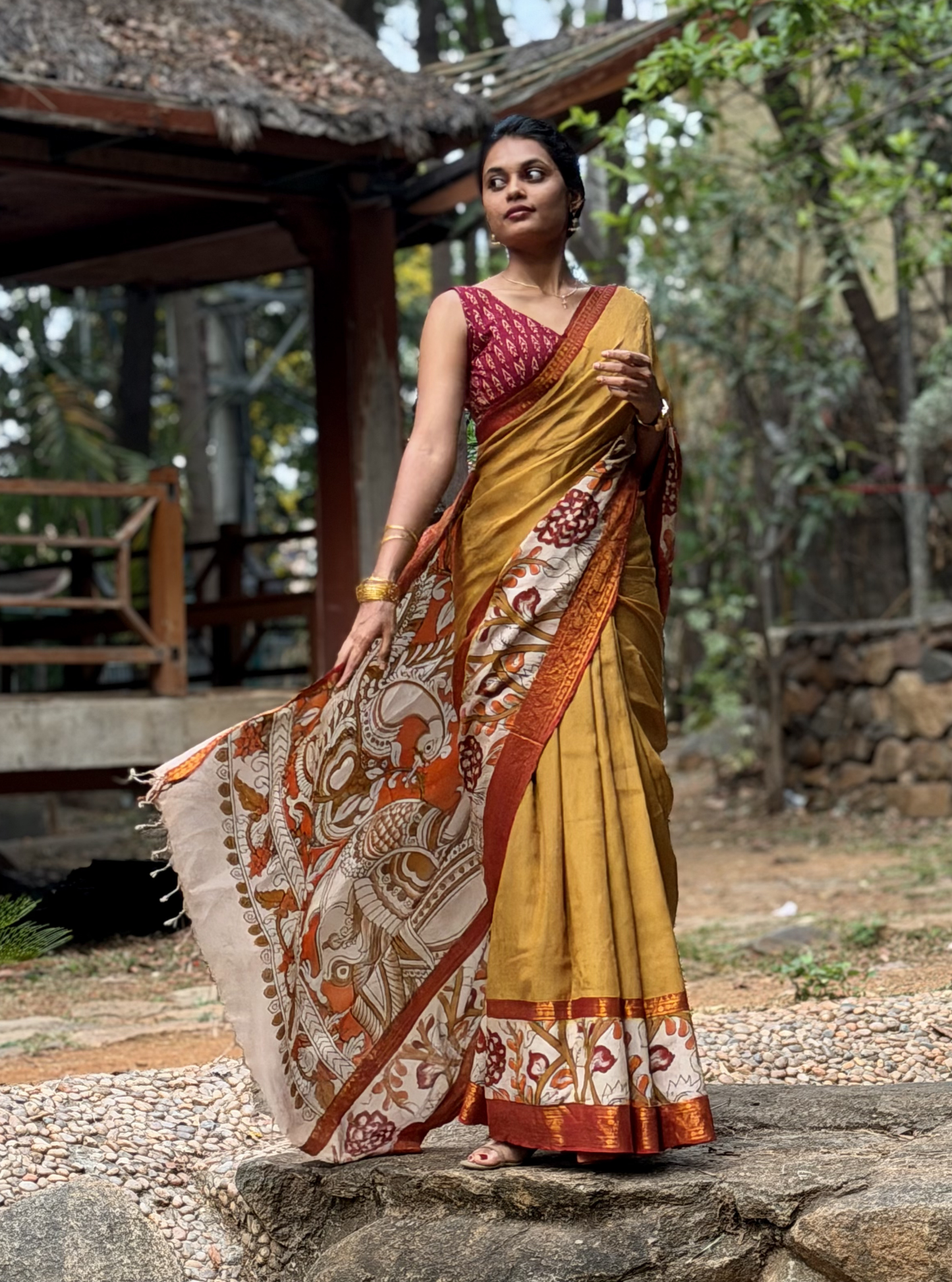 Mustard Kalamkari Mangalagiri Silk Saree with Artistic Pallu