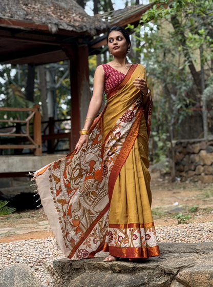 Mustard Kalamkari Mangalagiri Silk Saree with Artistic Pallu
