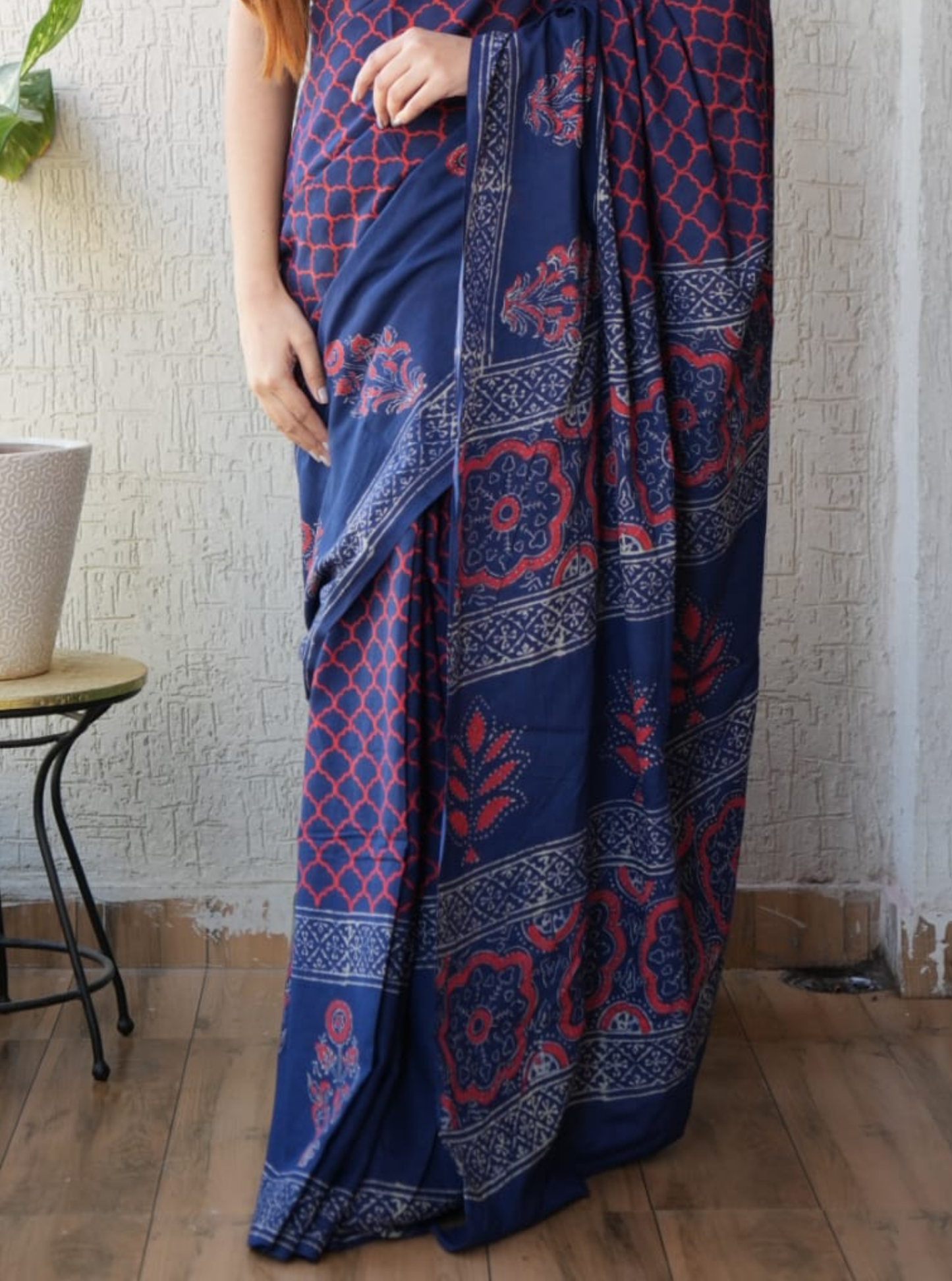 Elegant Navy Blue Modal Silk Saree with Ajrakh-Inspired Geometric Prints