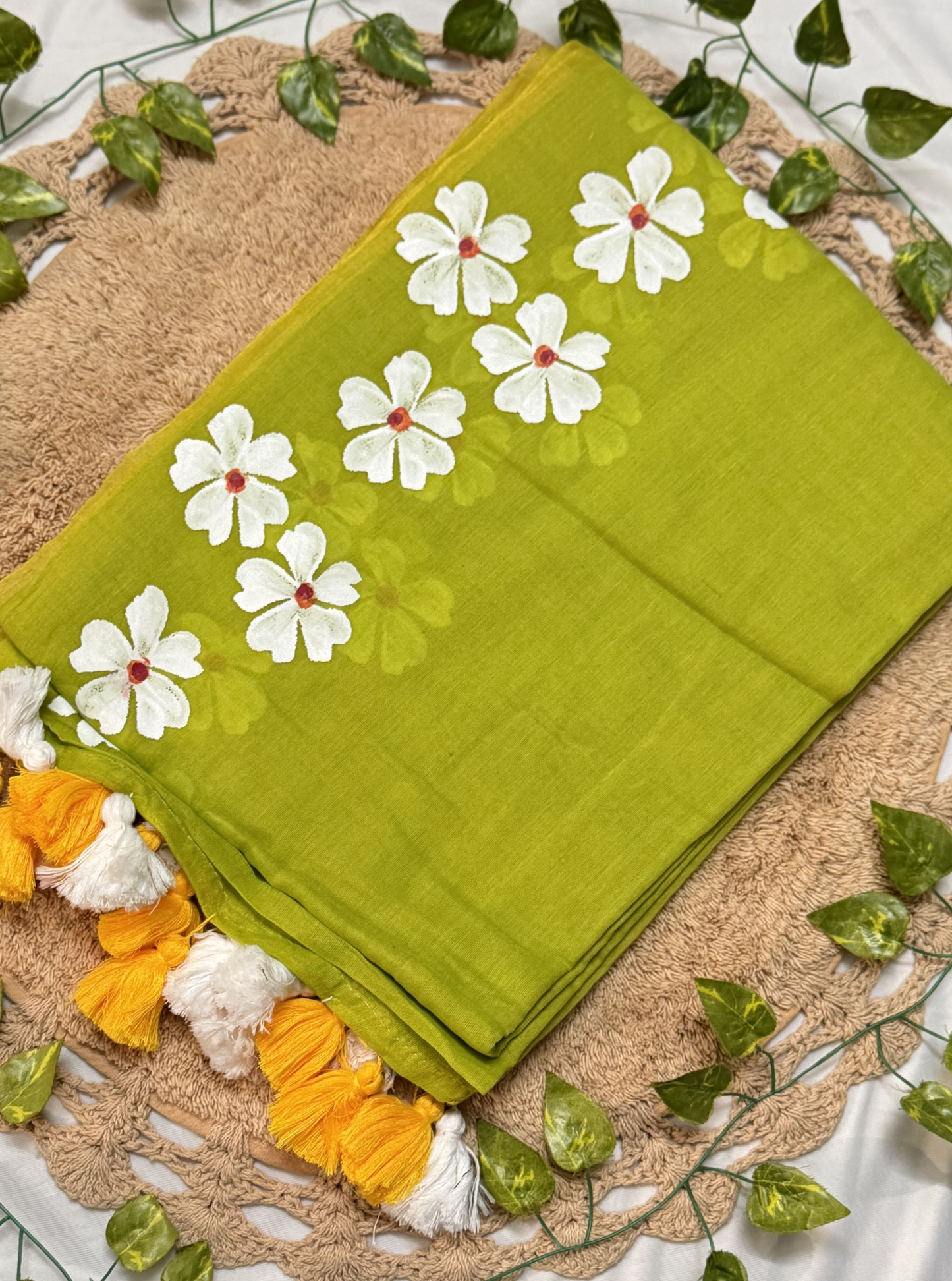 Lime Green Mul Cotton Saree with White Floral Design