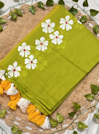 Lime Green Mul Cotton Saree with White Floral Design