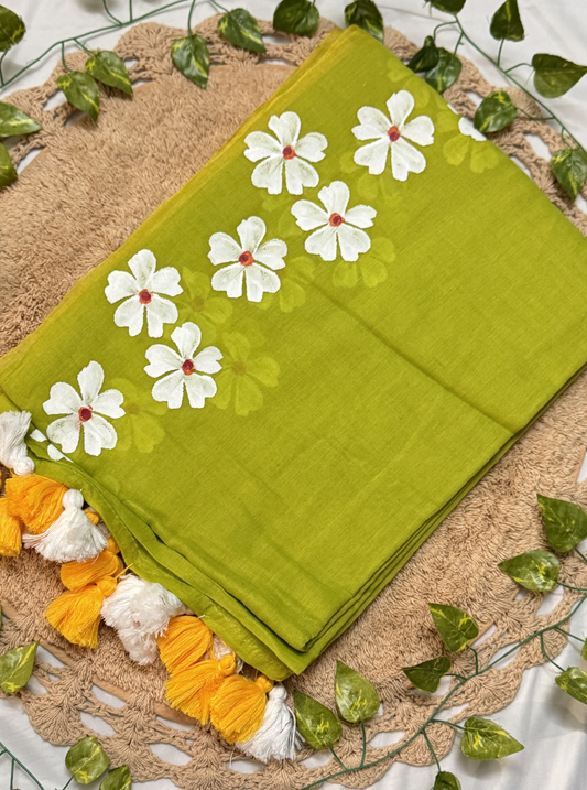 Lime Green Mul Cotton Saree with White Floral Design