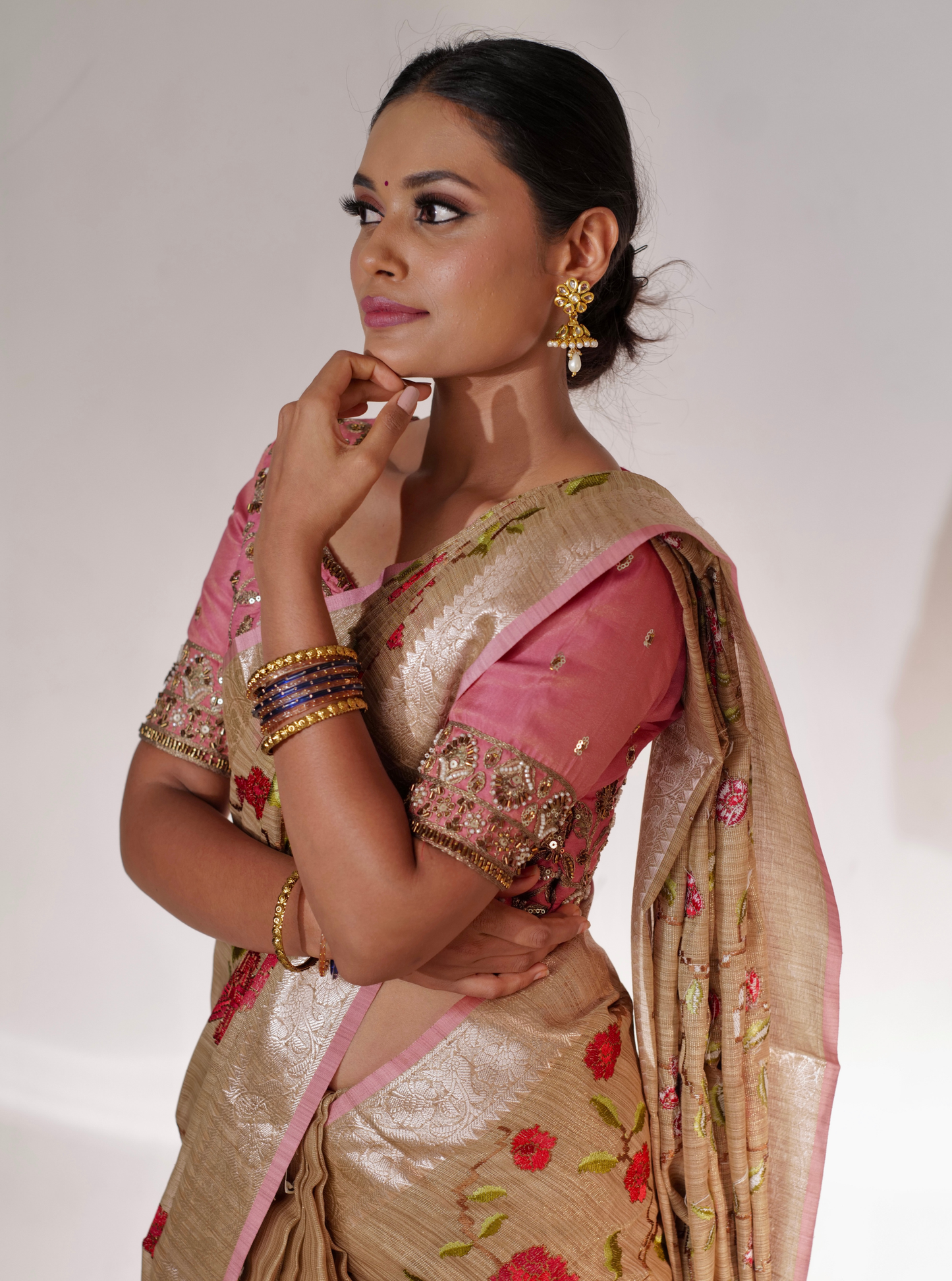 Beige Pink Matka Silk Tissue Saree with Floral Embroidery