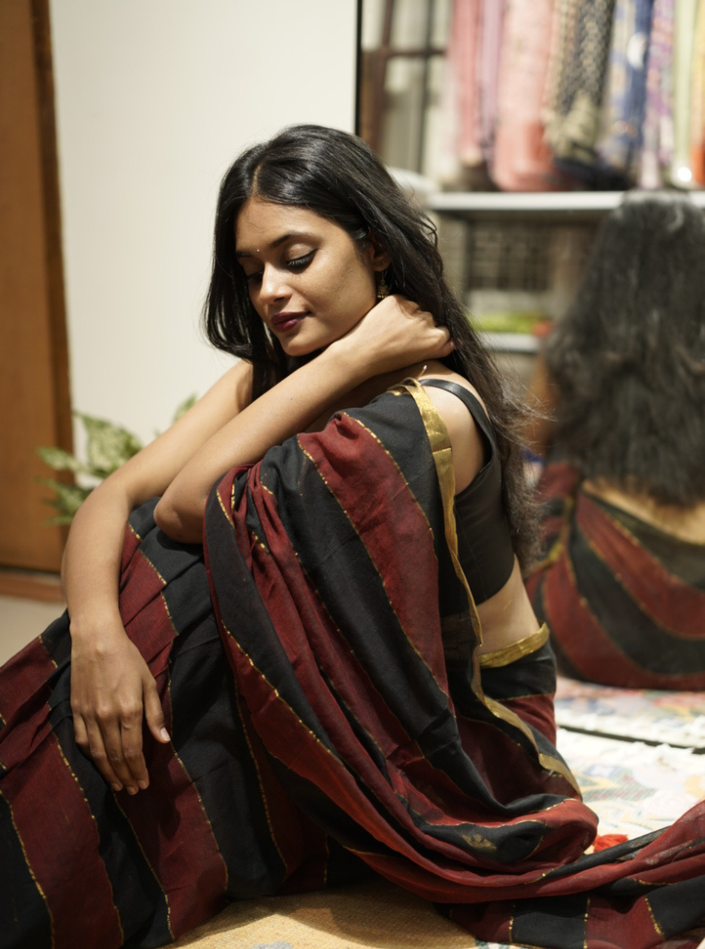 Black & Maroon Striped Mul Cotton Saree with Subtle Gold Border