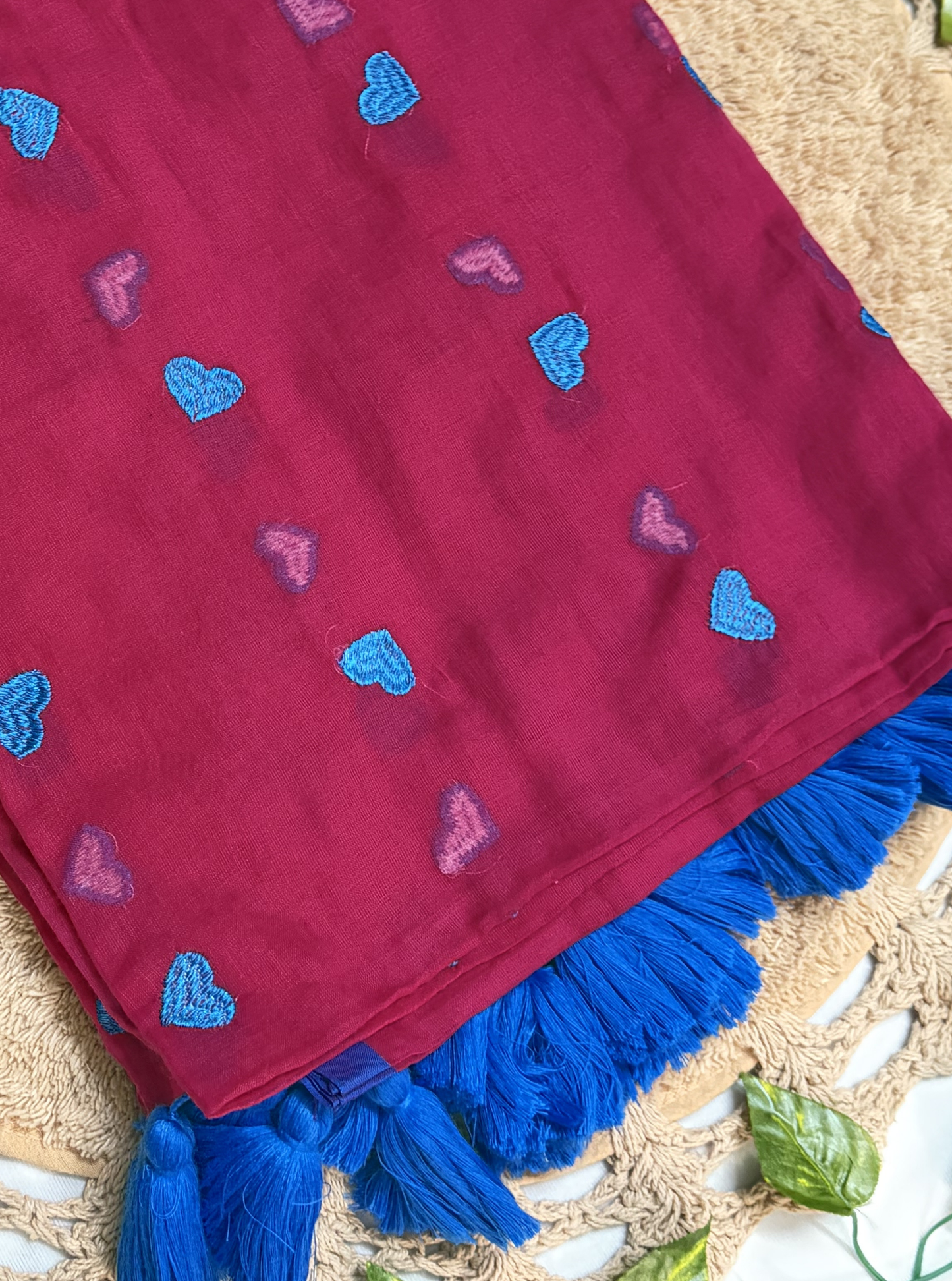 Ruby Pink Mul Cotton Saree with Blue Heart Motifs & Tassels