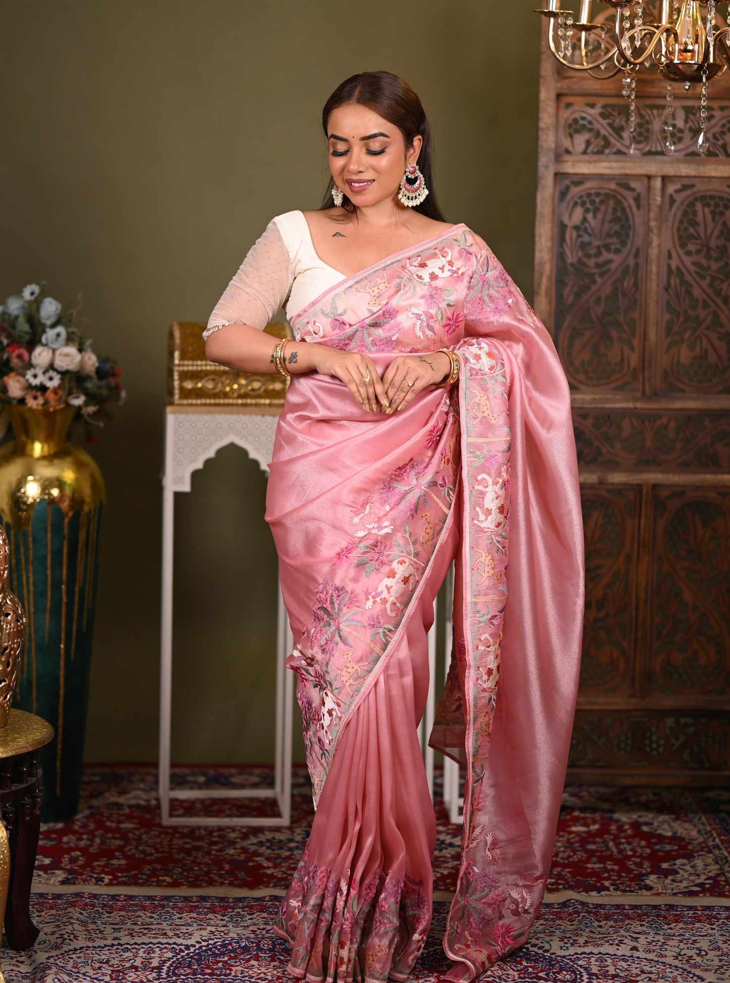 Elegant Pink Tissue Silk Saree with Floral Embroidery Border
