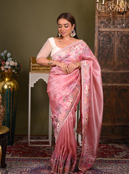 Elegant Pink Tissue Silk Saree with Floral Embroidery Border