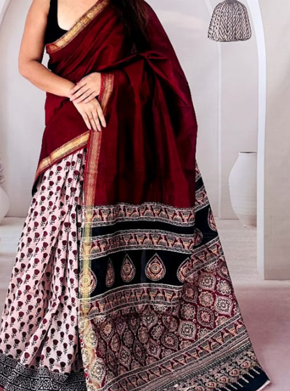 Maroon & Ivory Maheshwari Silk Saree with Traditional Printed Pallu