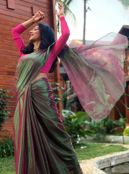 Rose Pink & Aqua Tissue Cotton Saree with Subtle Sheen