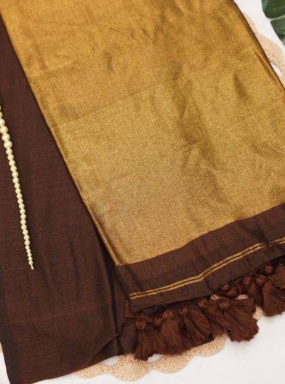 Chocolate Brown Mul Cotton Saree with Rich Gold Pallu & Tassels