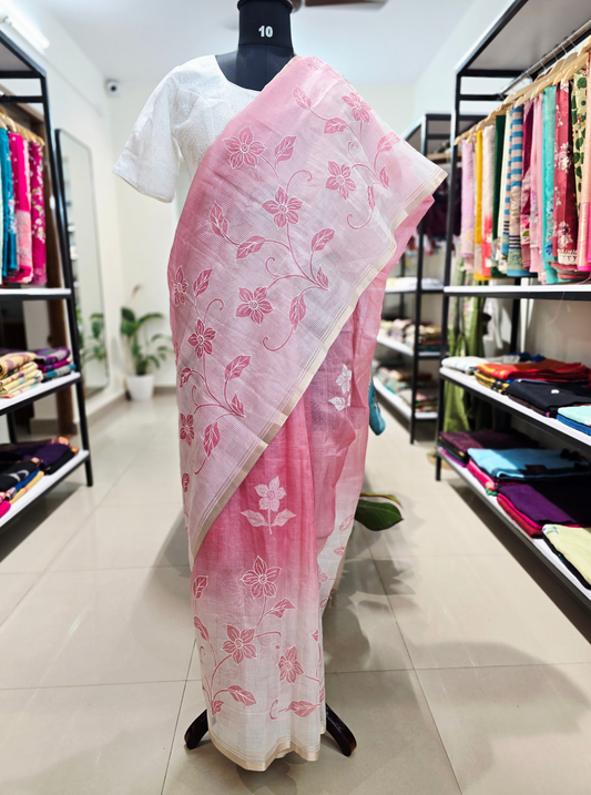 Elegant Pink Kota Appliqué Saree with Floral Vine Design