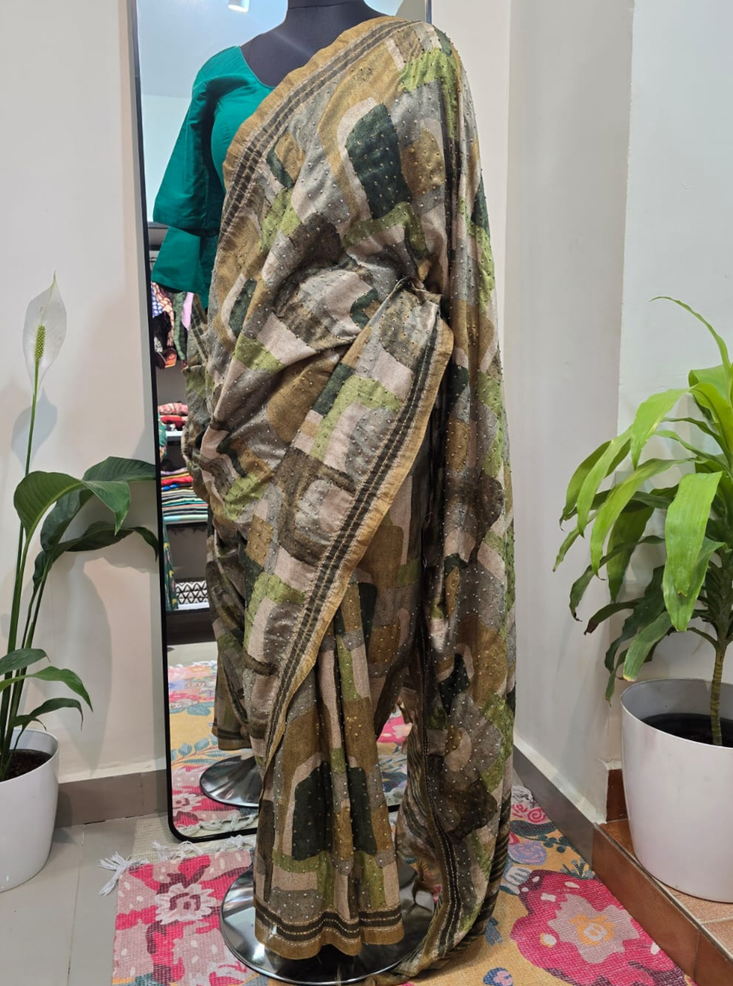 Multicolor Tussar Saree with Abstract Design & Sequin Hand Embroidery