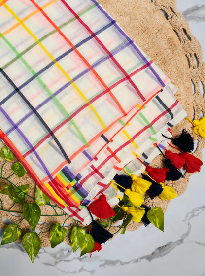 Ivory Mul Cotton Saree with Multicolor Checks & Contrast Tassels