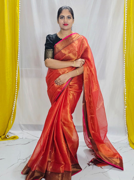 Burnt Orange Tissue Cotton Saree with Antique Gold Border & Pink Edge