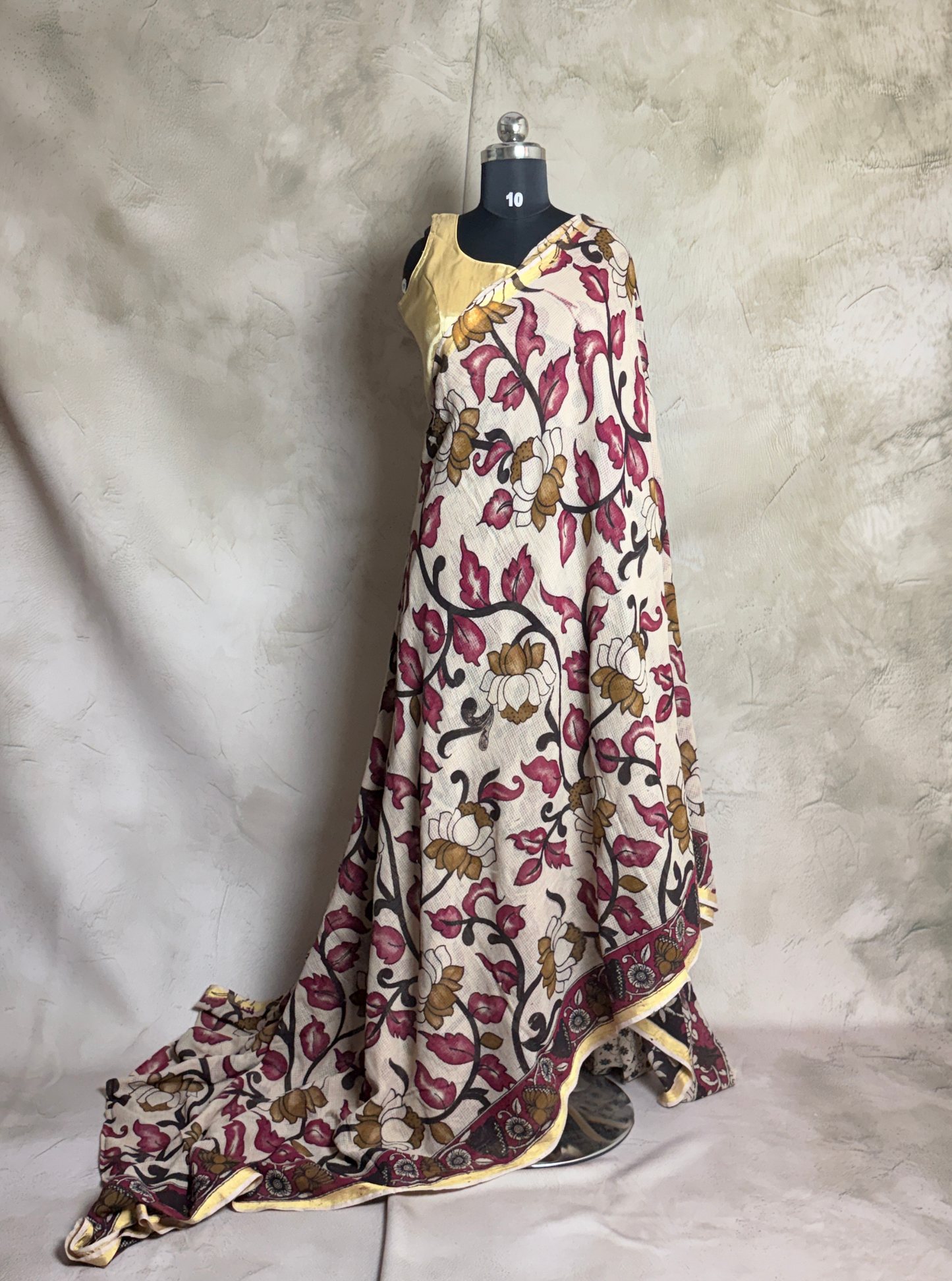 Ivory Kota Cotton Saree with Floral Vine Motifs & Maroon Border