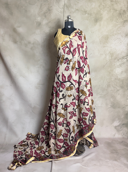 Ivory Kota Cotton Saree with Floral Vine Motifs & Maroon Border