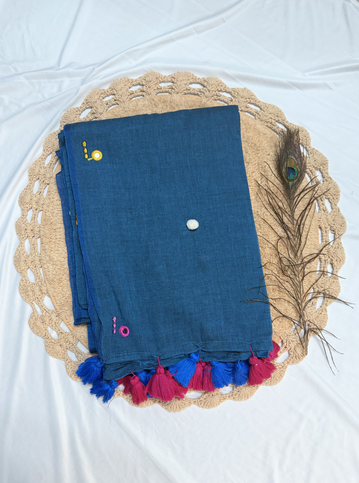 Indigo Blue Mul Cotton Saree with Multicolor Tassels & Minimal Motifs
