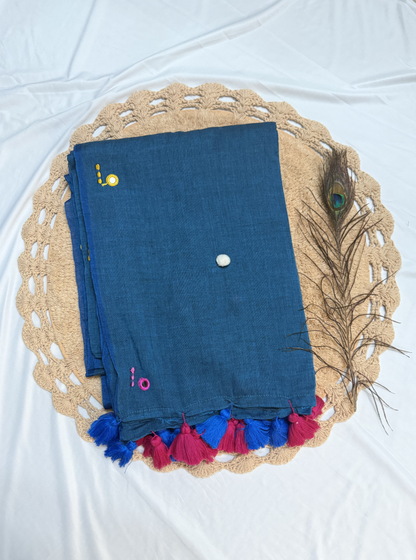 Indigo Blue Mul Cotton Saree with Multicolor Tassels & Minimal Motifs