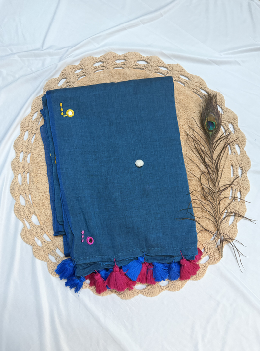 Indigo Blue Mul Cotton Saree with Multicolor Tassels & Minimal Motifs