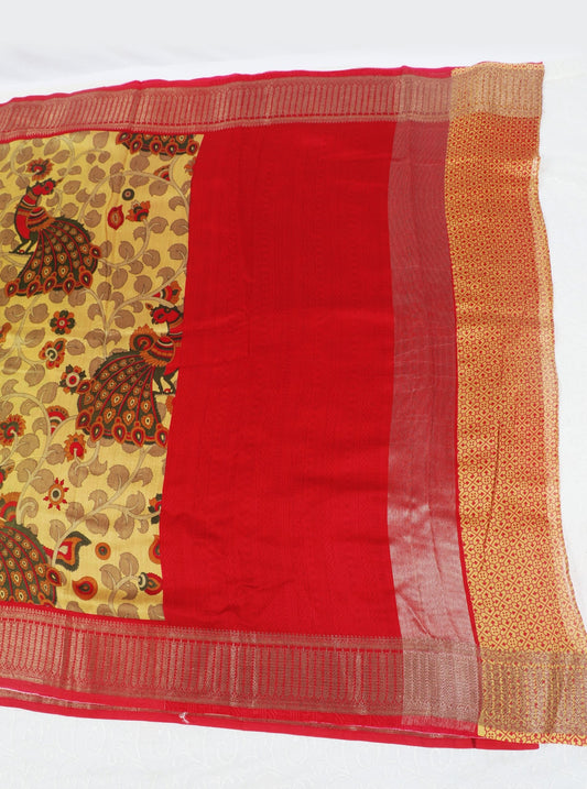 Ivory Chanderi Silk Saree with Peacock Kalamkari Motifs & Red Zari Border
