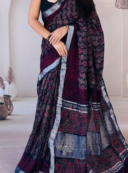 Black & Wine Cotton Linen Saree with Ethnic Geometric Prints