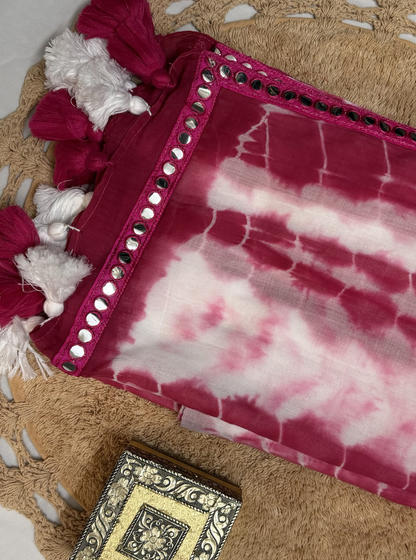 Trendy Pink Tie-Dye Mul Cotton Saree with Mirror Lace Border & Tassels