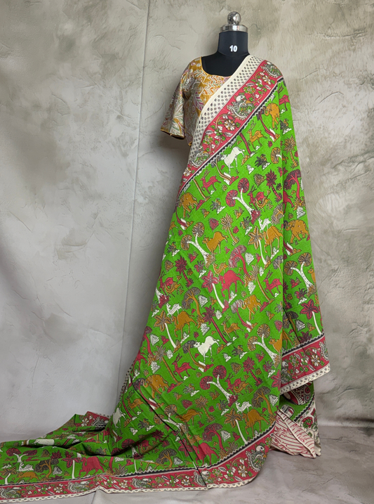 Parrot Green Cotton Kalamkari Saree with Forest & Animal Motifs
