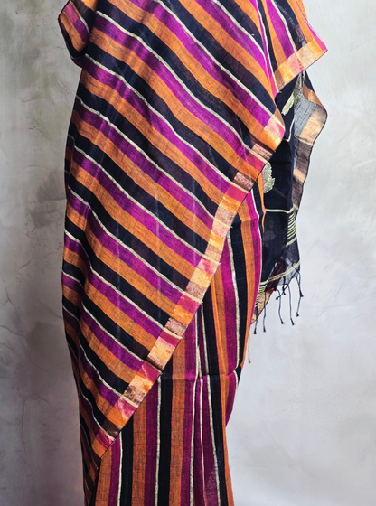 Bold Striped Linen Cotton Saree in Multicolor Tones