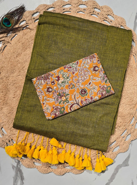 Olive Green Mul Cotton Saree with Yellow Tasselled Pallu & Floral Printed Blouse